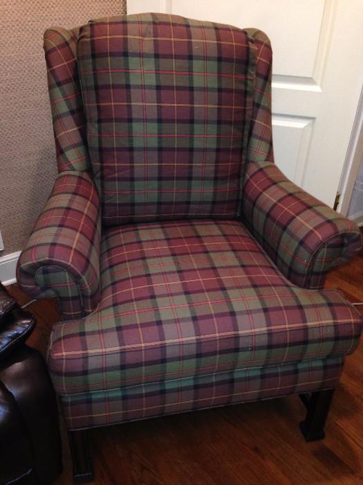 Vanguard Wing Chair – muted plaid, exposed legs, loose back 
