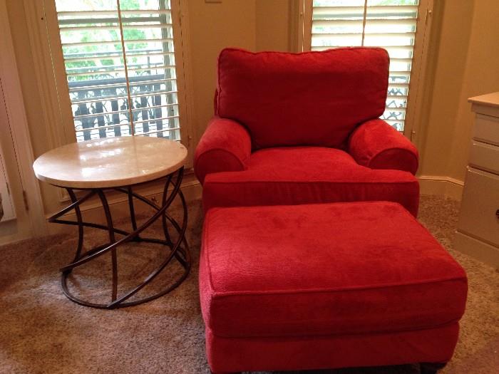 Kincaid Chair and Half with matching Ottoman – custom, rusty orange with down loose back  - fabric- blend cotton and velvet  