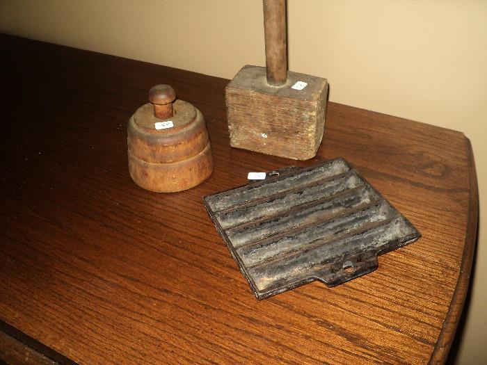 Antique butter molds and rare corn bread stick pan that is 6"  X 6"!