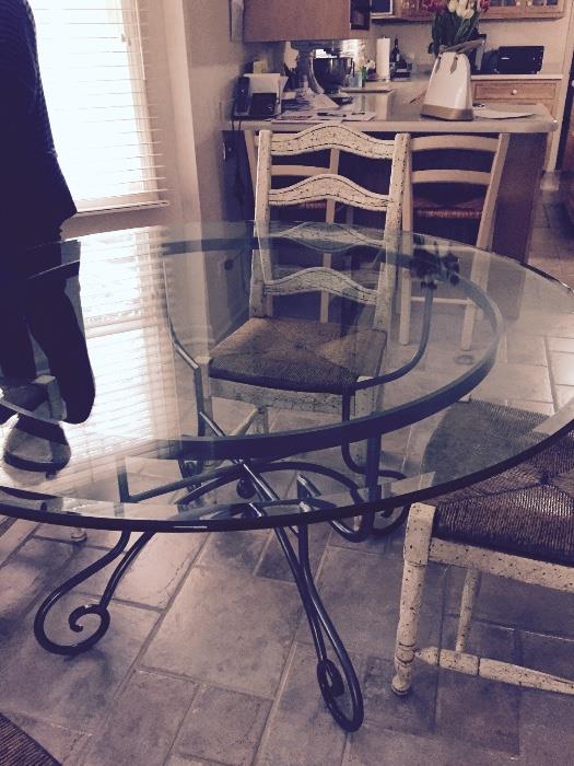 Steel and Brass Breakfast Table Base with 54" (3/4thick) Glass Top.