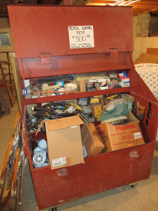 gang box loaded with all manner of electrical items