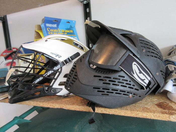 Paint ball and Lacrosse helmets and other gear