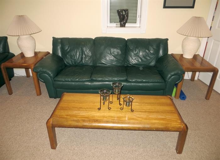 Green leather couch and table set