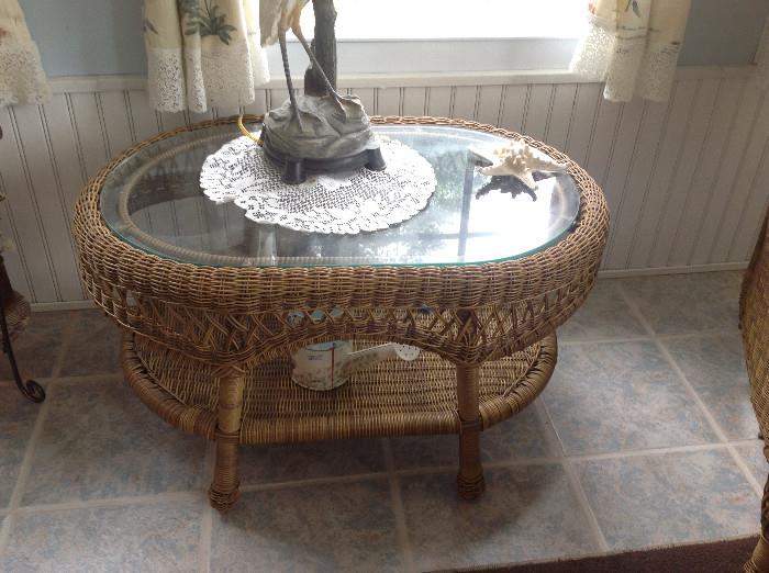 #117 Wicker- esque Oval Glasstop coffee table W32xD21.5xH18.5  $50 
