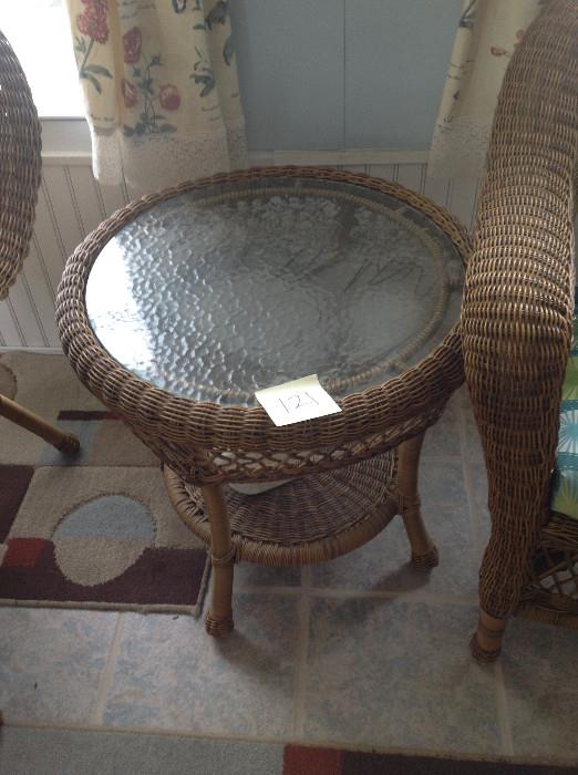 #121  Wicker-esque Glasstop round table D23.5xH22  $48