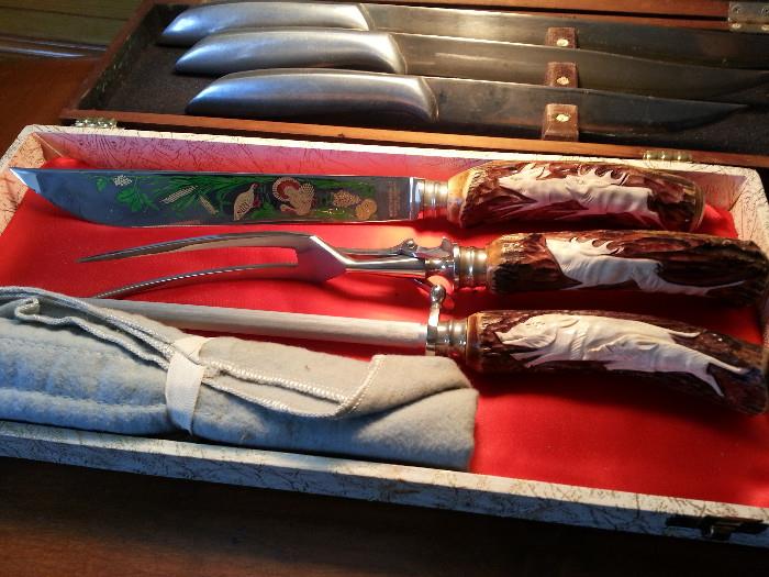 Made in Germany. Carved stag horn carving set by Anton Wingen Jr.