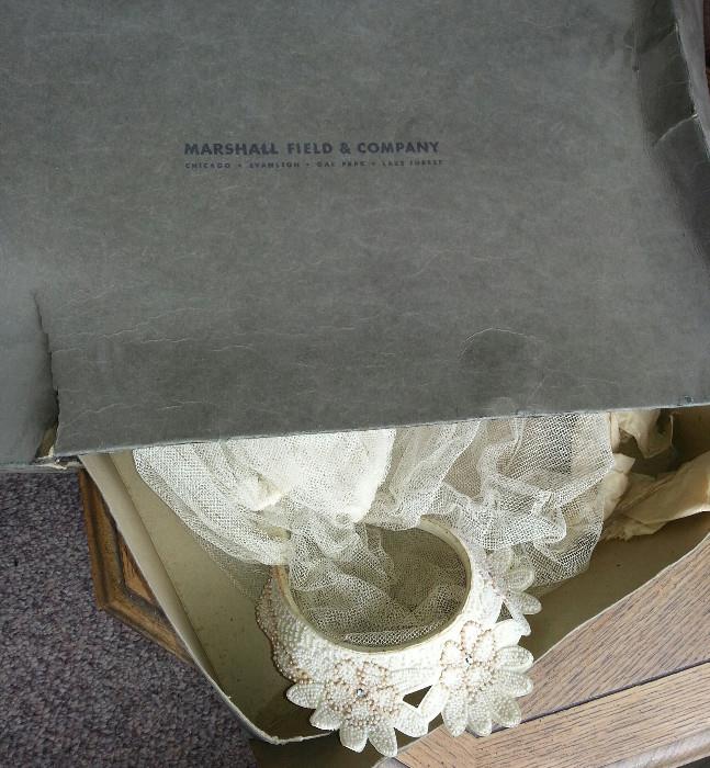 1920s Marshall Field's box: Chicago Evanston Oak Park Lake Forest with bridal veil.