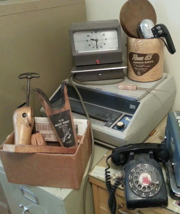 1960s hair dryer in box. Boot stretchers. 1960s Simplex Time clock. 