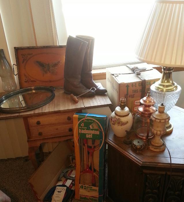 Vintage leather riding boots, lamps, badminton set, silver Victorian vanity tray.