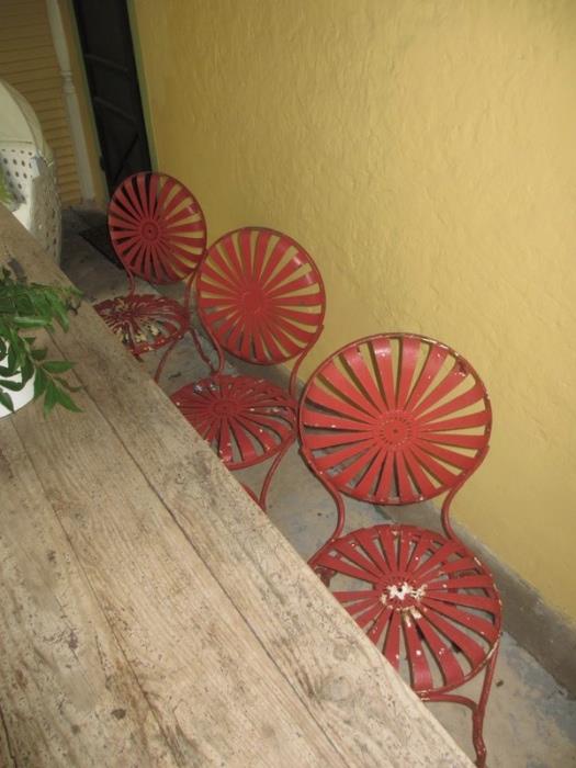 Great Set of 3 Vintage French Metal Patio Chairs in Fabulous Shade of Red