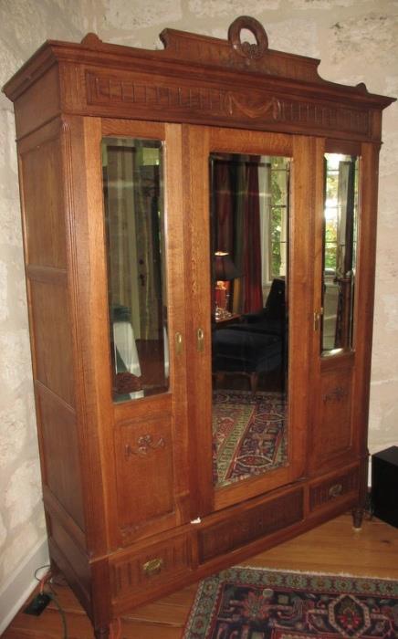 Fantastic Carved French Dressing Armoire with Bevelled Mirrors