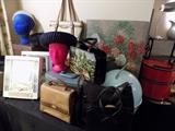 Vintage ladies hats, purses, wig box, train cases, makeup mirrors, and old painting