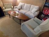 Sleeper Sofa, pair vintage upholstered chairs, coffee table