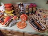 Retro kitchenalia...utensils, Tupperware, wicker, lucite, antique ice shaver, and more