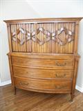 Vintage retro dresser with cabinet up top. Wood color in photo is true to color in person.