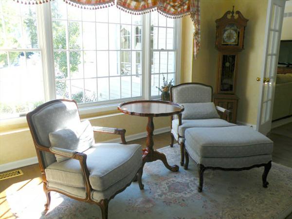 Two beautiful Bergere chairs with ottoman purchased from Mendham interiors.
Please note rug is NOT for sale. Thank you.