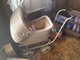 Heywood-Wakefield Wicker baby carriage (Rare perambulator) this has a paper label of the bottom. It does have a broken support which requires a spot weld. Does not effect function, but owner held it together with  twine securing knot.