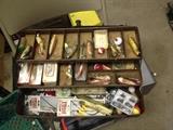 Fishing tackle box with numerous lures (Heddon, Argobast, Pfleuger.....