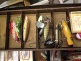 Wooden fishing lures--Argobast, Heddon, Oreno, many spoons