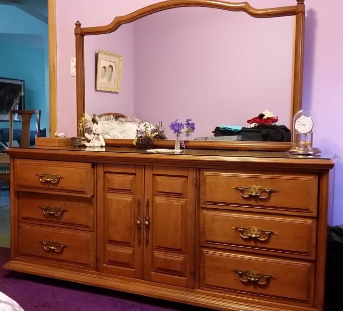 Large Stanley dresser with matching mirror and glass top