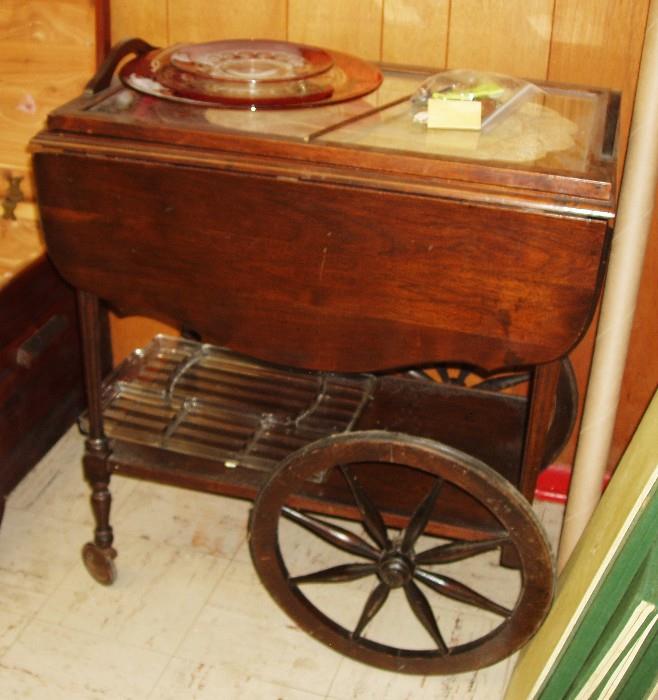 antique French tea cart. cranberry edge dish set 