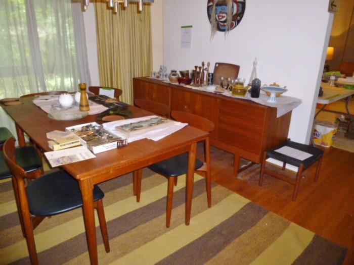 Mid-Century Modern Teak Dining Room Table, 8 Matching Chairs, China Cabinet & Buffett/Credenza