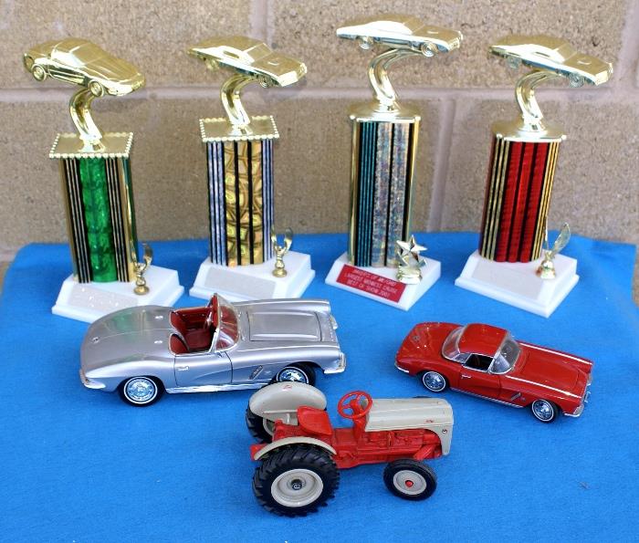 Danbury Mint 1962 Chevrolet Corvette. Ertl 1960 Corvette, Die Cast Ford Tractor & Local Car Club Trophies