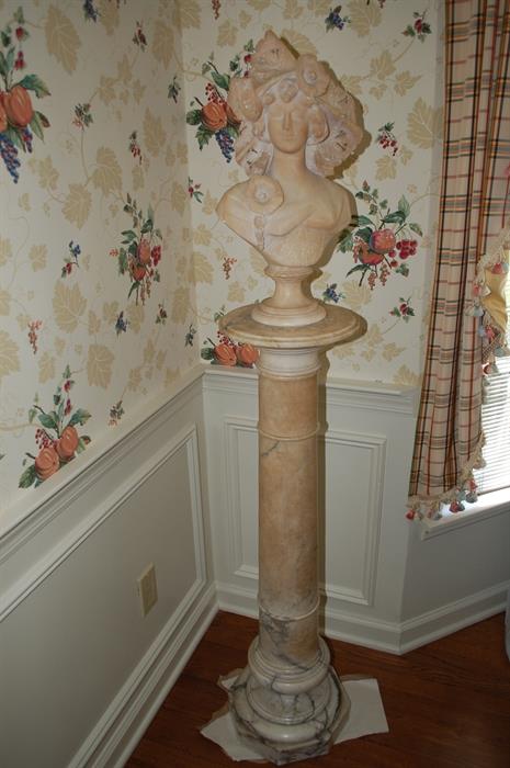 Antique Alabaster bust of woman on pedestal