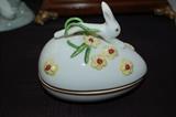 Herend covered egg trinket box with white bunny and forget-me-nots.