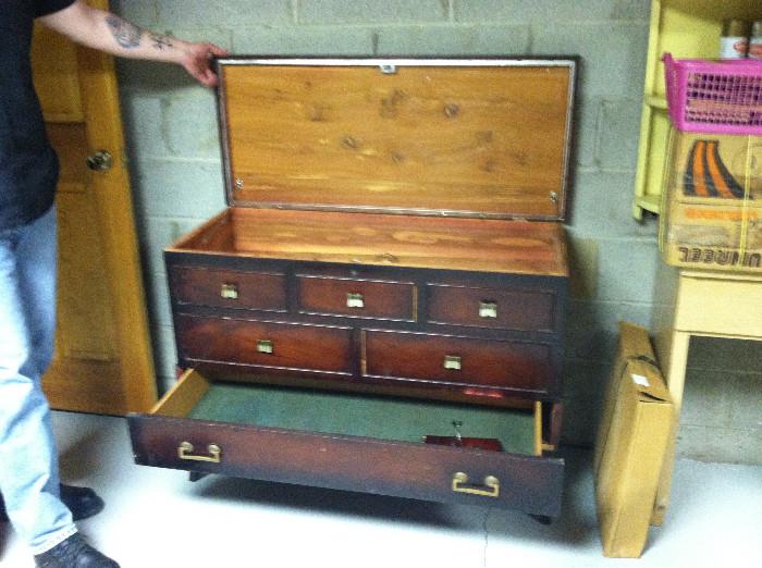 Lane Cedar chest open with bottom drawer.