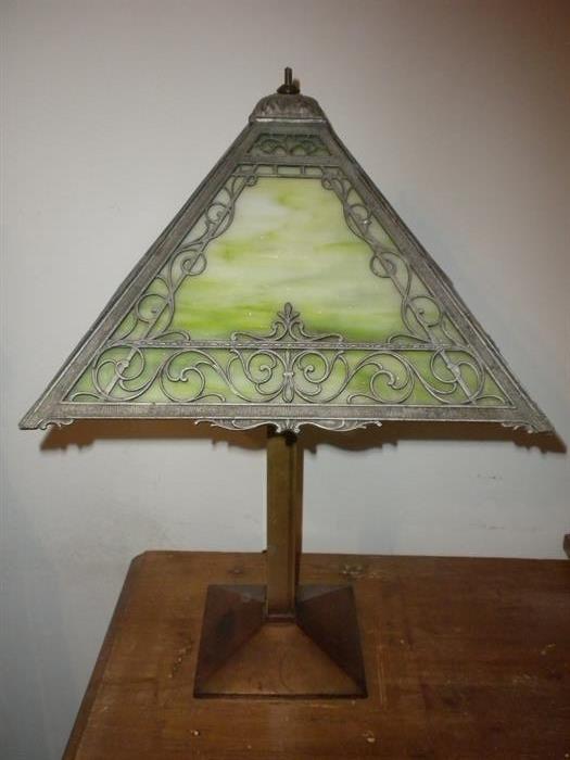 ANTIQUE SLAG GLASS PANEL LAMP