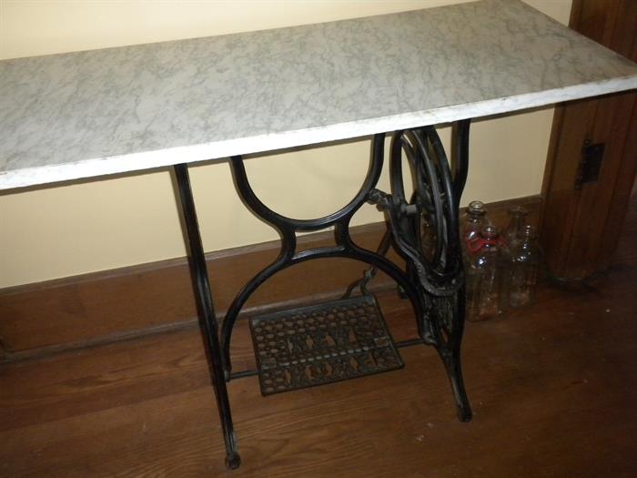 MARBLE TOP TABLE WITH CAST IRON BASE