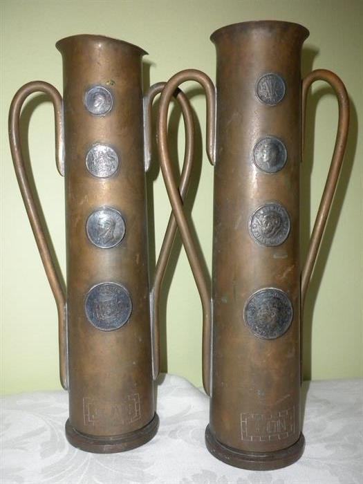 TRENCH ART VASES WITH APPLIED SILVER COINS