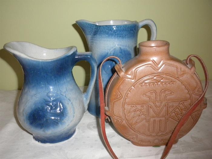 BLUE AND WHITE POTTERY AND FRANKOMA HANGING VASE
