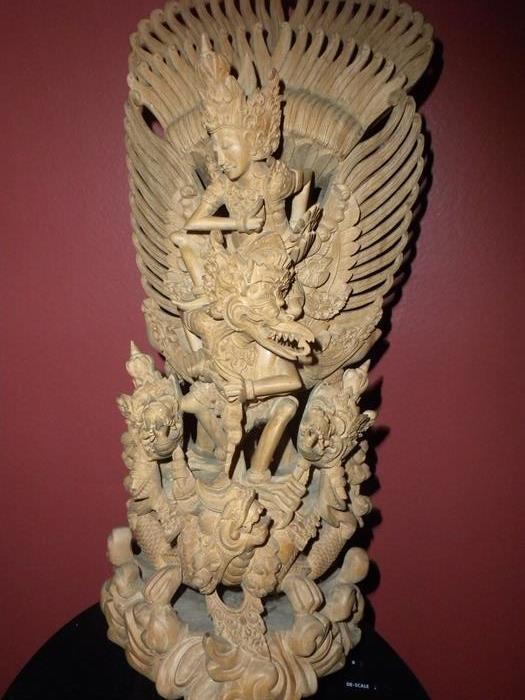 INTRICATELY CARVED WOODEN DRAGON AND GODDESS STATUE