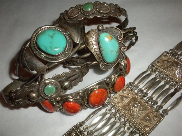 VINTAGE SILVER, TURQUOISE AND RED CORAL NATIVE AMERICAN INDIAN CUFF BRACELETS