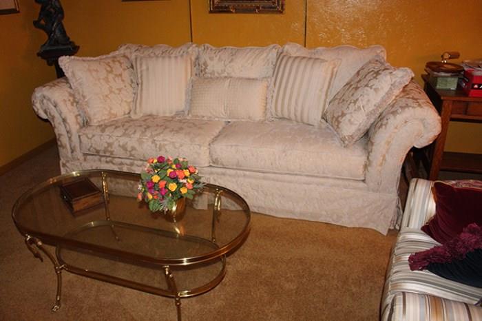 Large Damask Sofa with Glass and Brass Coffee Table