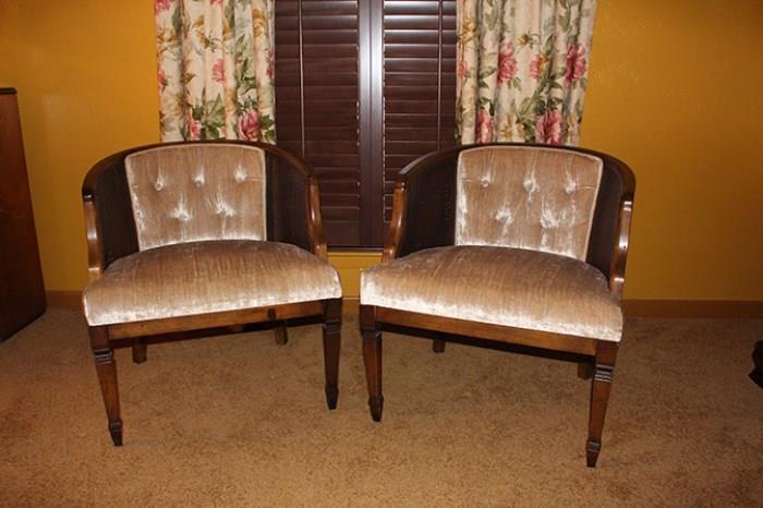 Pair of upholstered side chairs with cane inserts