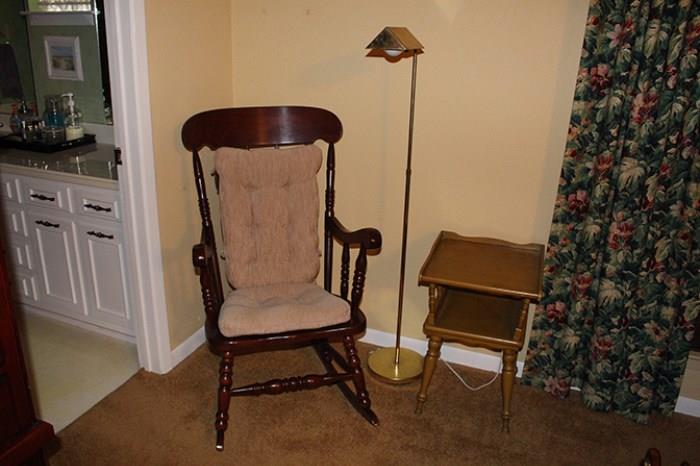 Rocking Chair, painted Side Table, Brass floor lamp
