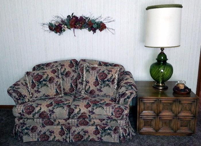 Loveseat, end table, lamp