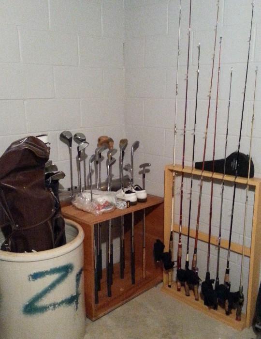 Golf Clubs, Fishing Poles and 30 gal crock