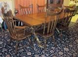 Solid Rock Maple, high quality, dining set by Temple-Stuart.  Table has tressle base, plus two leaves.  Table size closed is 38" x 79".  Opens to 103".  Six chairs (4 side chairs and 2 arm chairs).