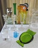 Art glass owl, art glass owl pitcher, crystal champagne flutes, crystal candlesticks.