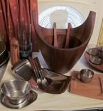 Mid century modern Teak wood and stainless steel serving pieces.