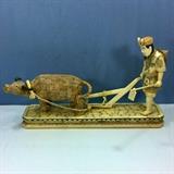Asian Arts 26" Long Mosaic Bone Carving of Farmer with Water Buffalo and Blow - Detailed Scrimshaw accents to Clothing