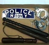 NY Police Departmetn Lot witrh 11 Dv Porcelain Sign, Hand Cuffs and More