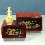 Cork art shadow box framed lid jewerly/ trinket boxes and faux ivory caseine puzzle ball and elephant head vase with rings