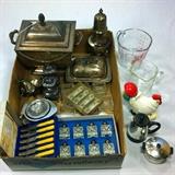 Tray lot of misc kitche, silverplate, salts, fruit knives and salt shakers in presnetation box, Etc