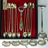 sterling Silver Tray Lot sipping spoons, Liquor Bottle Lables, Sardine Fork, Sterking Handled Bottle Opener