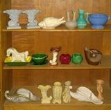 3 Shelves of Mid Century Art Pottery with Gonder, Pigeon Forge, Frankoma, McCoy, Rumrill, Etc